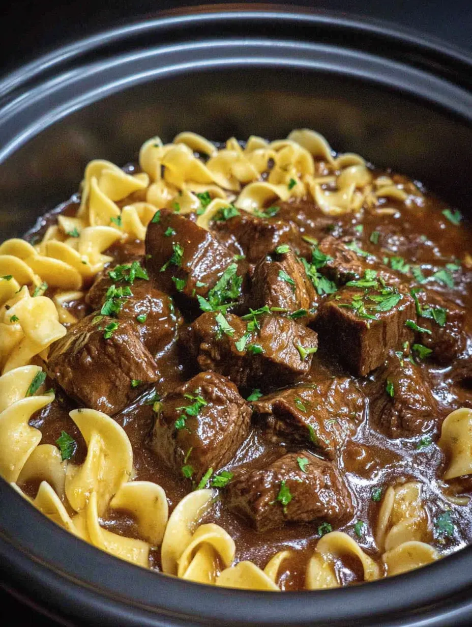 A pot full of beef noodle soup with browned meat chunks.