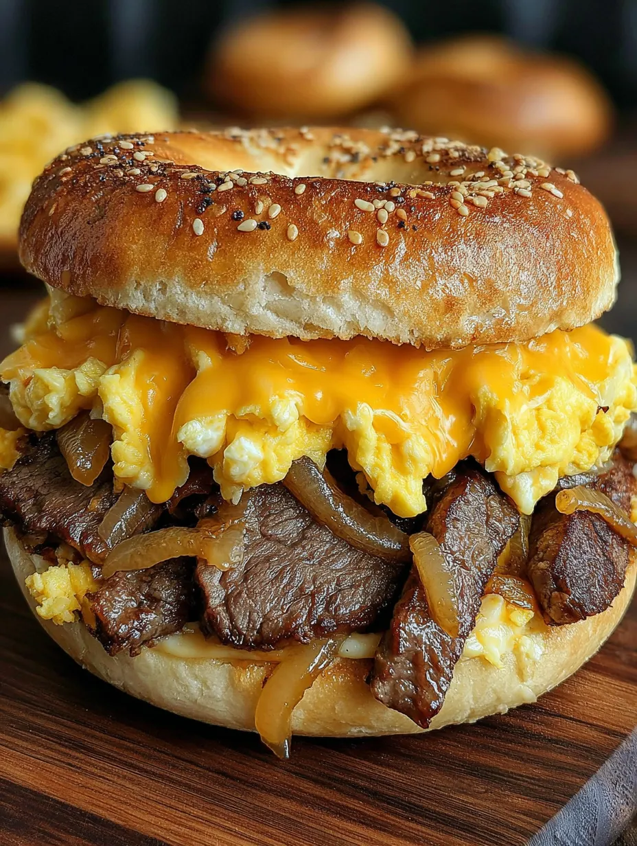 A close up of a bagel sandwich with eggs and cheese.
