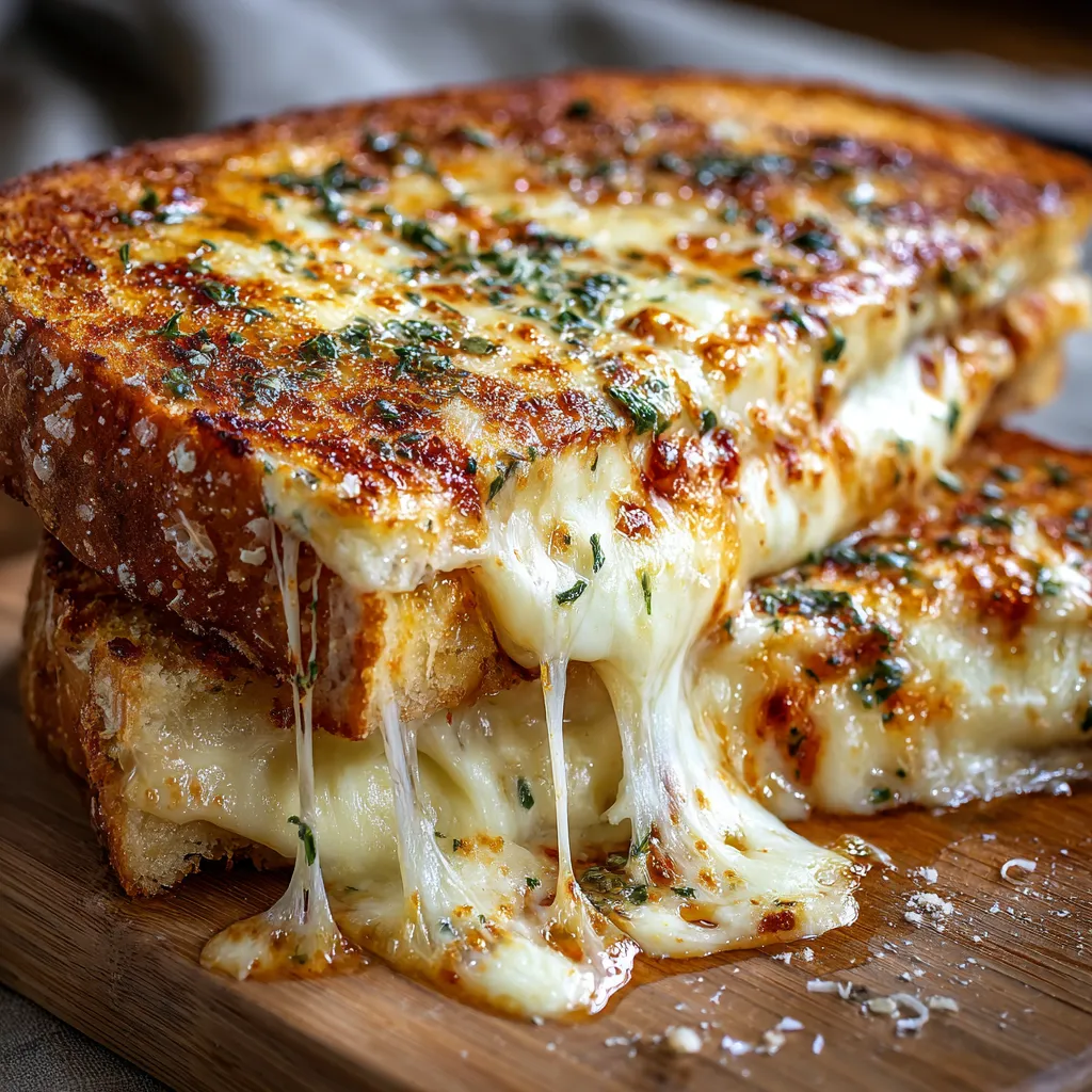 A crunchy slice of cheese toast sits on a wooden board.