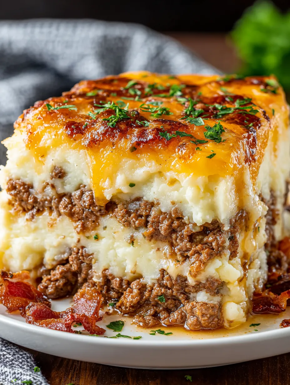 A big, golden-brown baked casserole dish with bacon on top, sitting on a white plate.