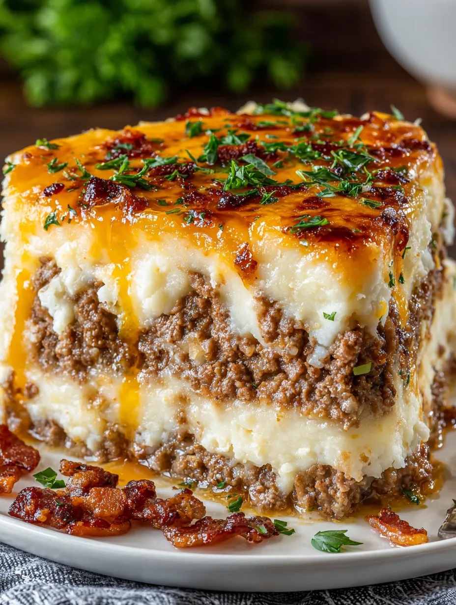 A big, tasty, hearty casserole full of onions and crispy bacon slices.