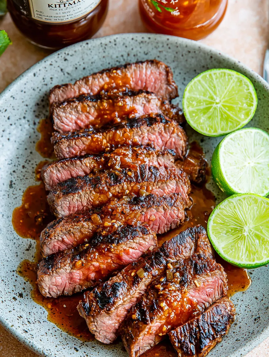 A platter stacked with grilled beef and fresh limes.