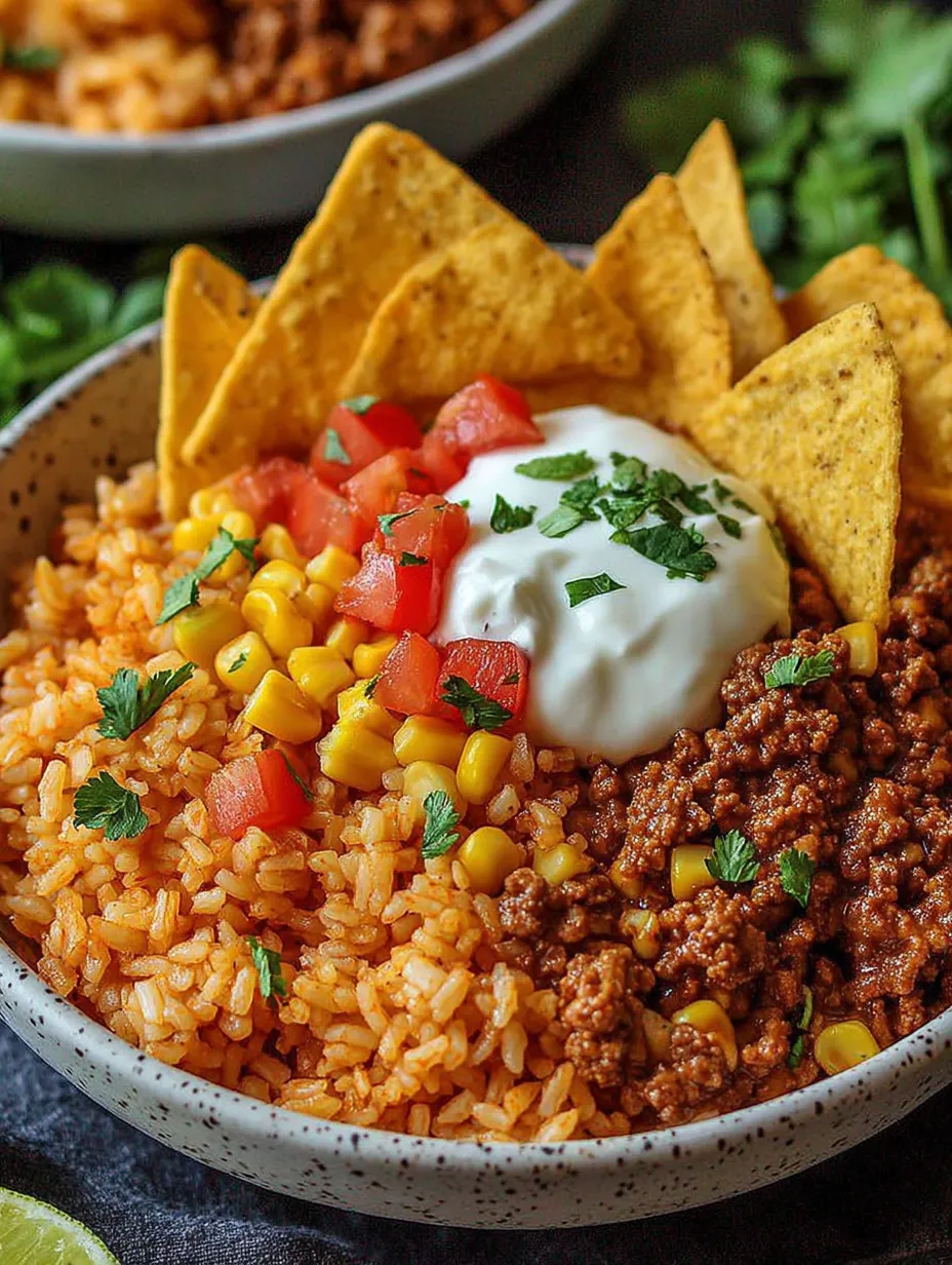A bowl with rice, tomatoes, potatoes, cheese, and tortilla chips.