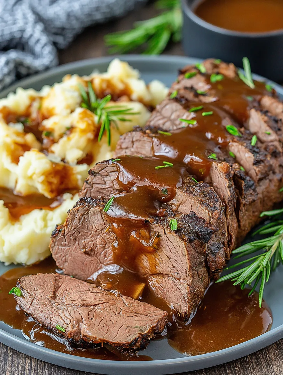 A slice of beef covered in sauce on a plate.