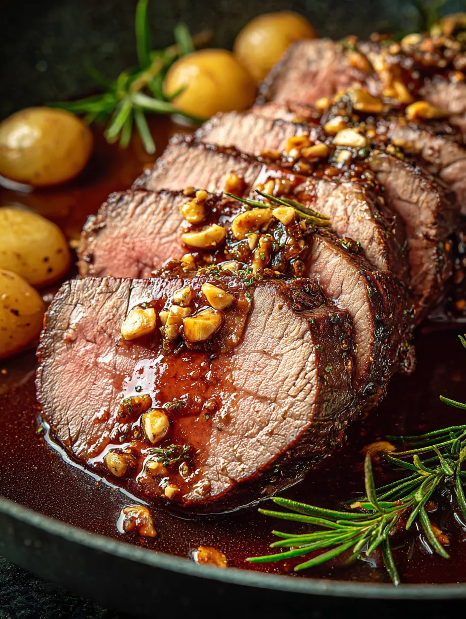 A platter holding beef topped with nuts and herbs.