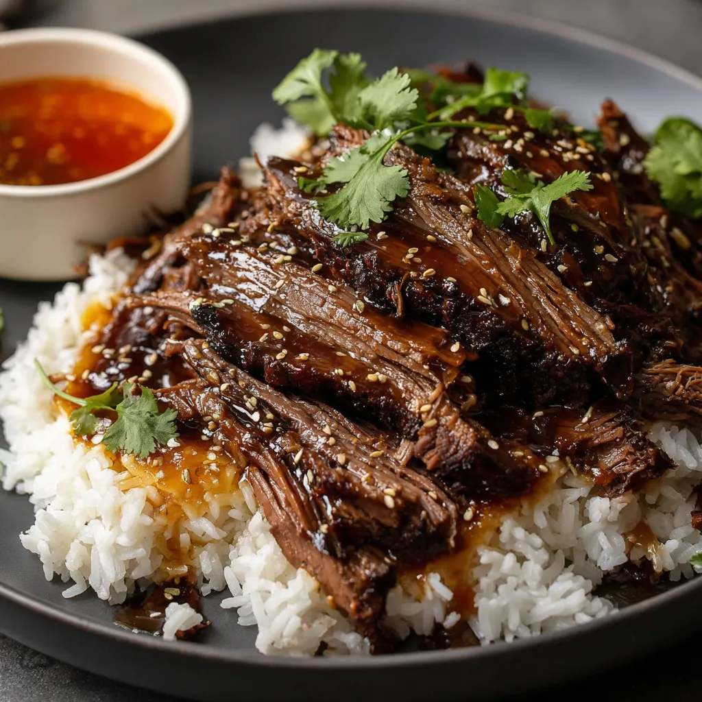 A plate with rice and brisket, topped with parsley.