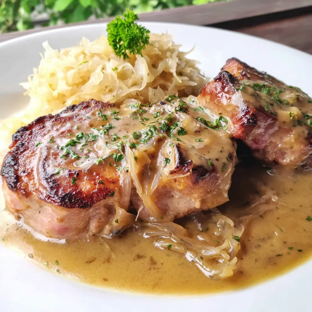 A plate piled with saucy pork and a side of kraut.