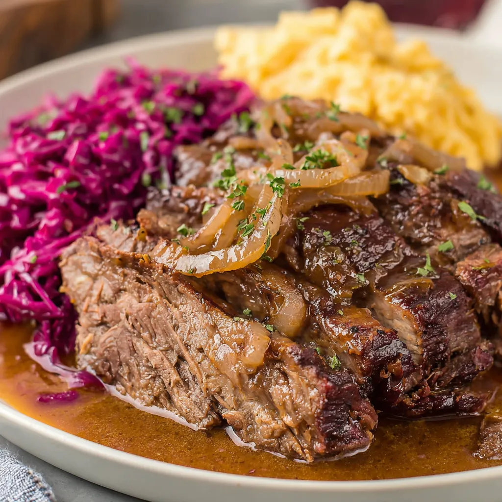A plate with tender beef and veggies.