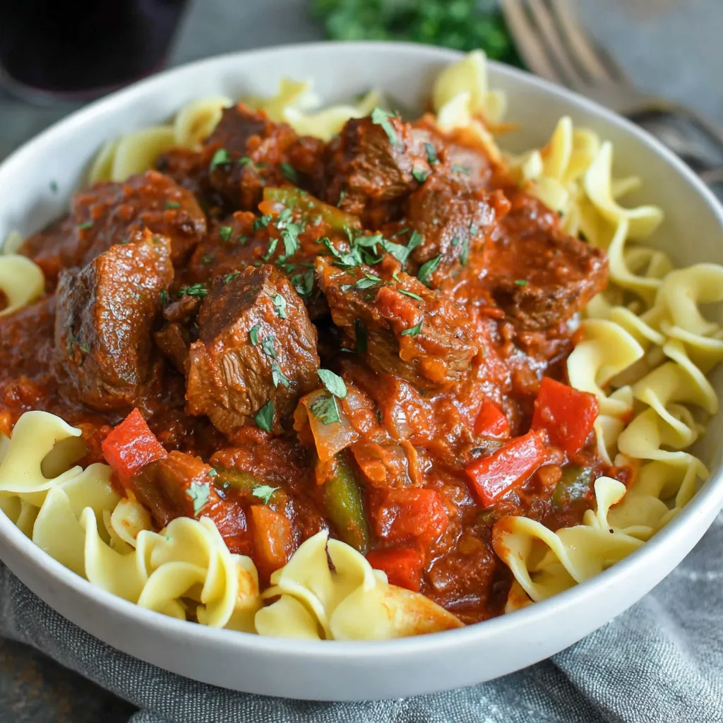 A bowl loaded with tomatoey beef and pasta.