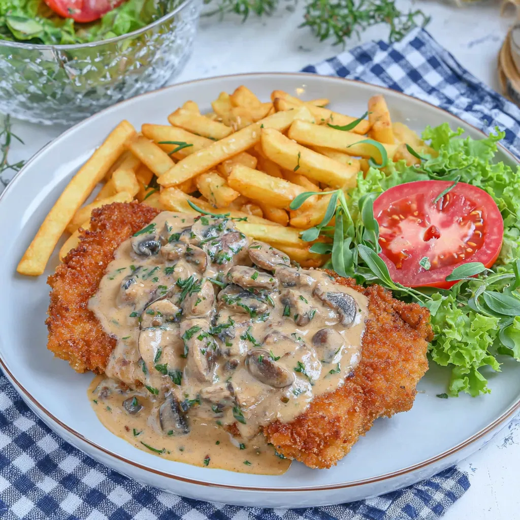 Food plate holding mushrooms, salad, and fries.