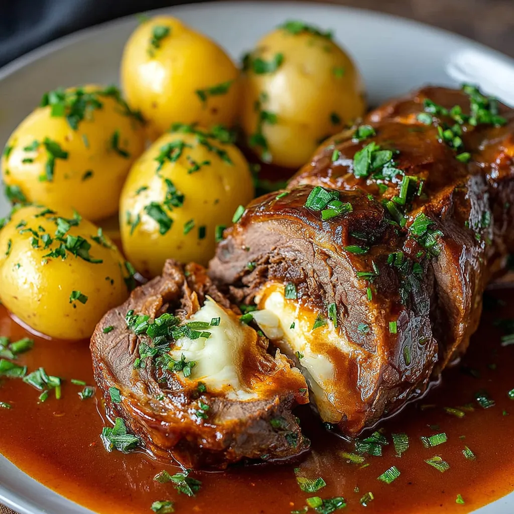 A plate of grilled beef, potatoes, and onions.