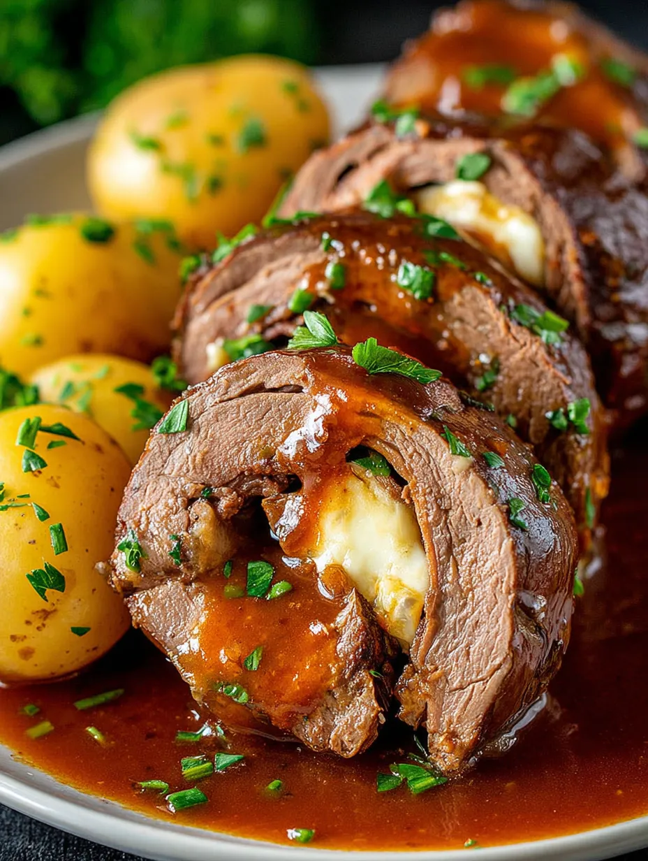 A platter with beef, potatoes, and sauce.