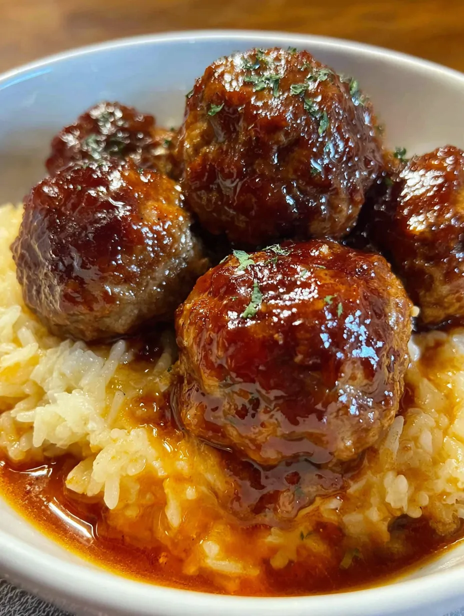 A white plate featuring a mix of rice and meatballs.