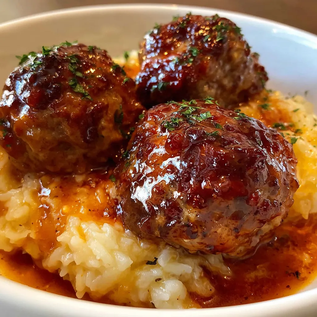 A white plate has some tangy brown meatballs with a mix of potatoes and castor beans.