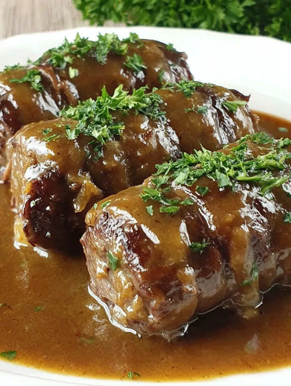 Two tender beef rolls in sauce served on a plate.