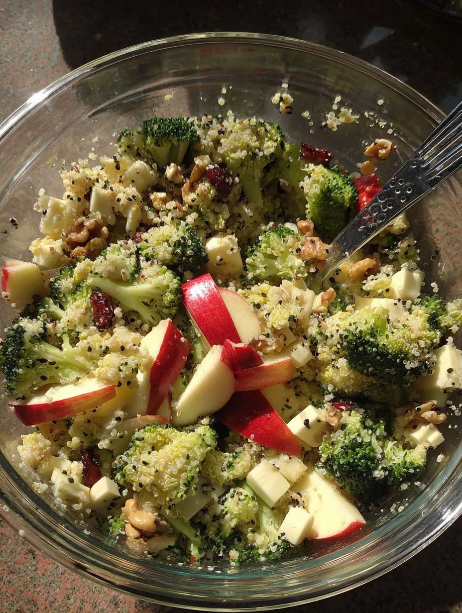 A jar filled with potatoes, nuts, broccoli, apples, and onions mixed together.