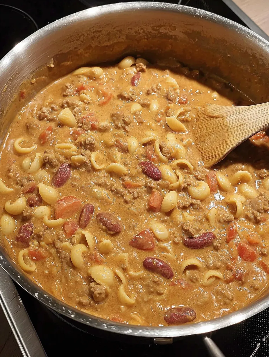 A bowl with macaroni, potatoes, tomatoes, beans, and beef all mixed up.