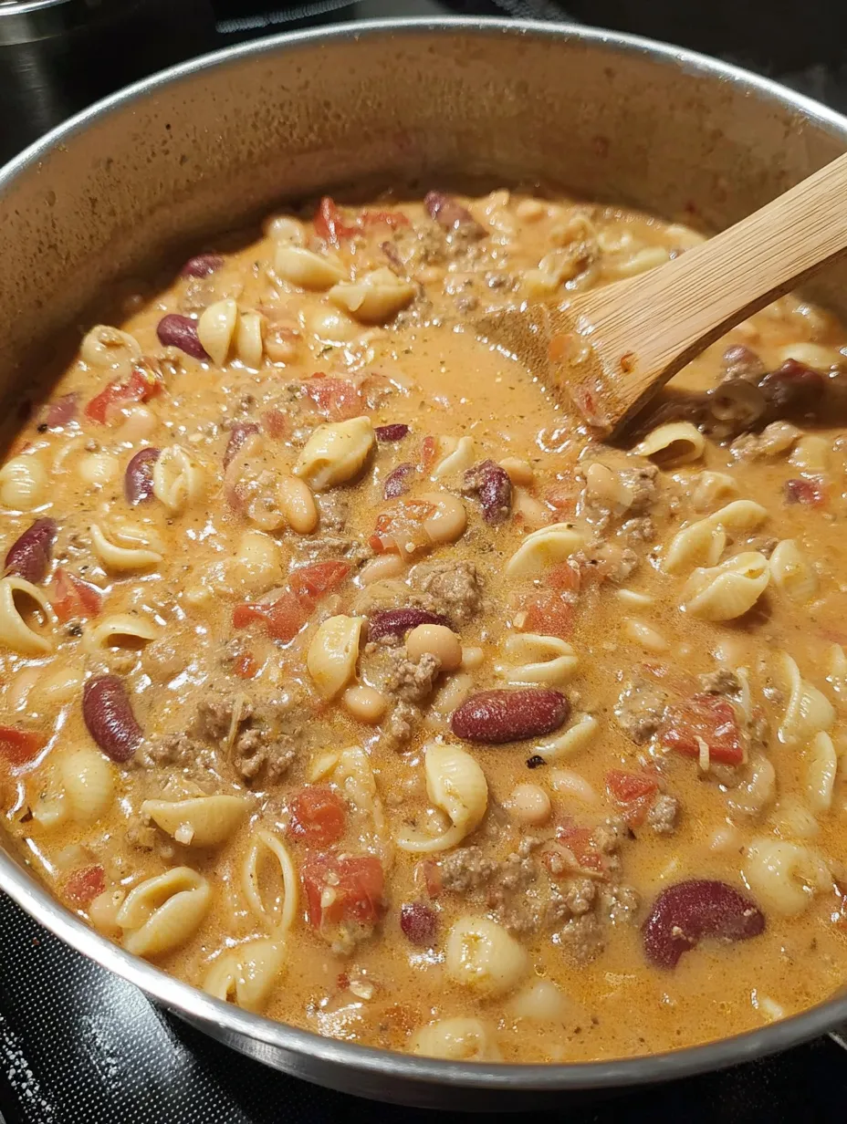 A big pot of cheesy macaroni in the middle, stirred with a spoon.