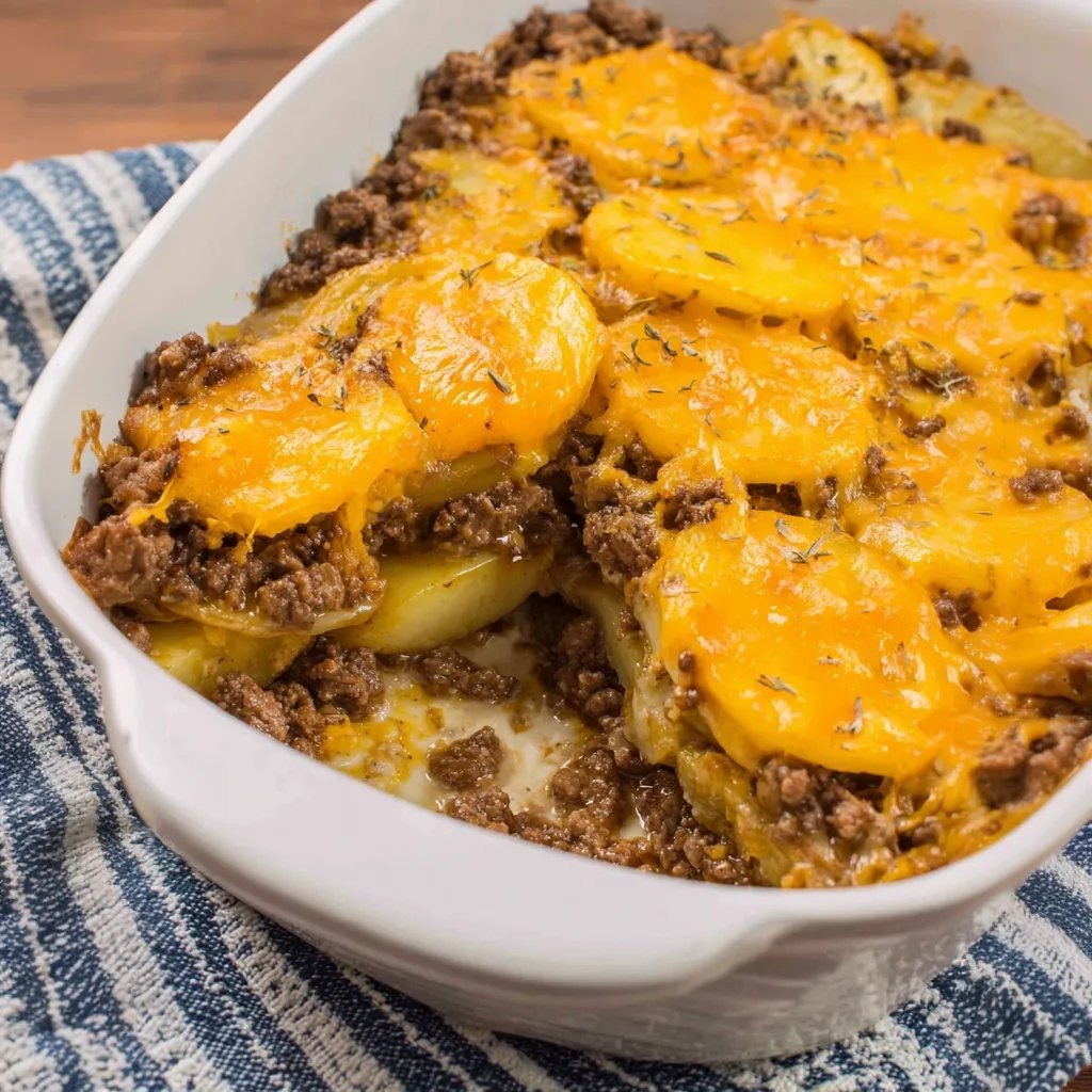 A white plate loaded with a cheesy, meaty, veggie mix.