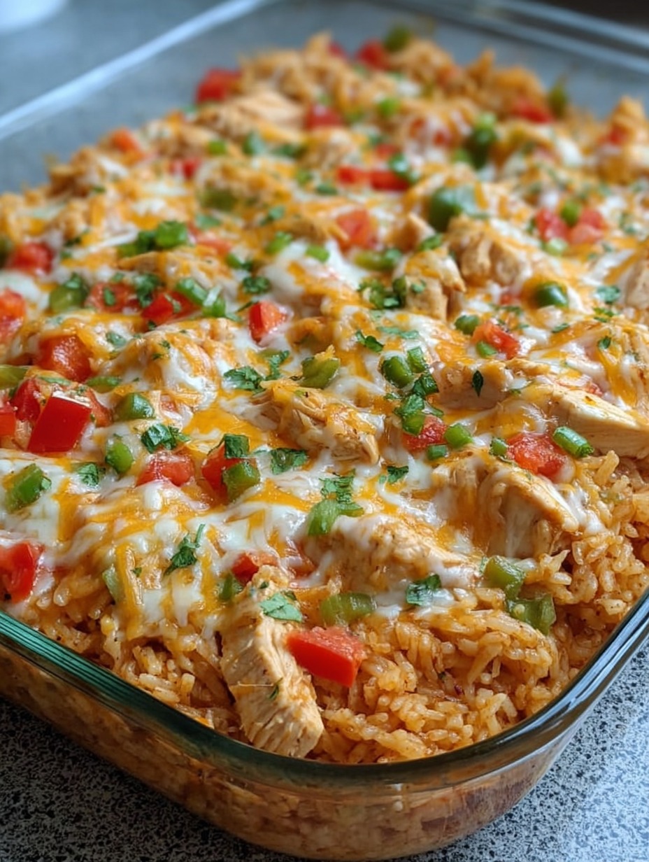A glass dish holding a rice and chicken mix.
