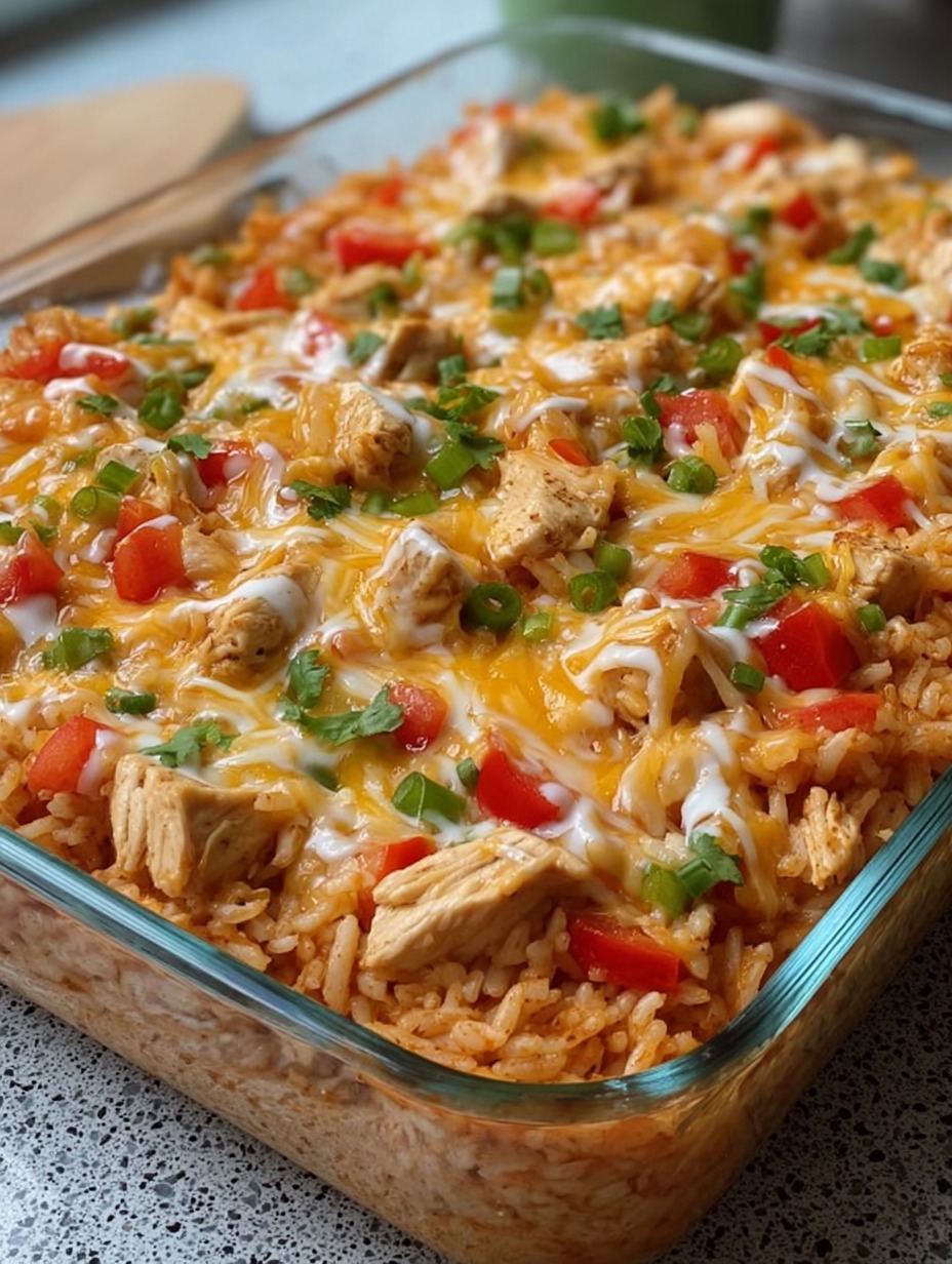 A glass dish with rice and chicken.
