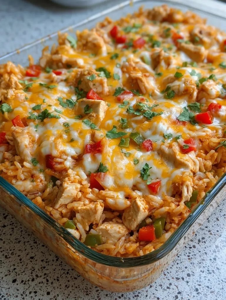 A glass dish with rice and chicken.