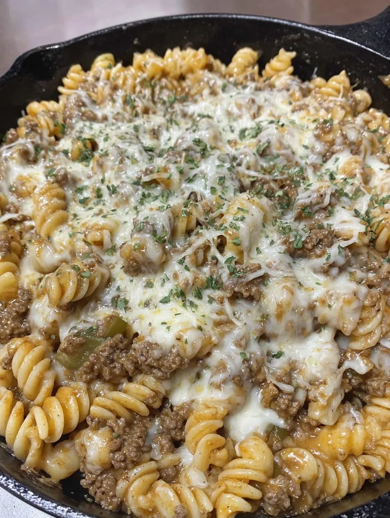 A bowl of penne pasta salad loaded with cheese, onions, and beef.