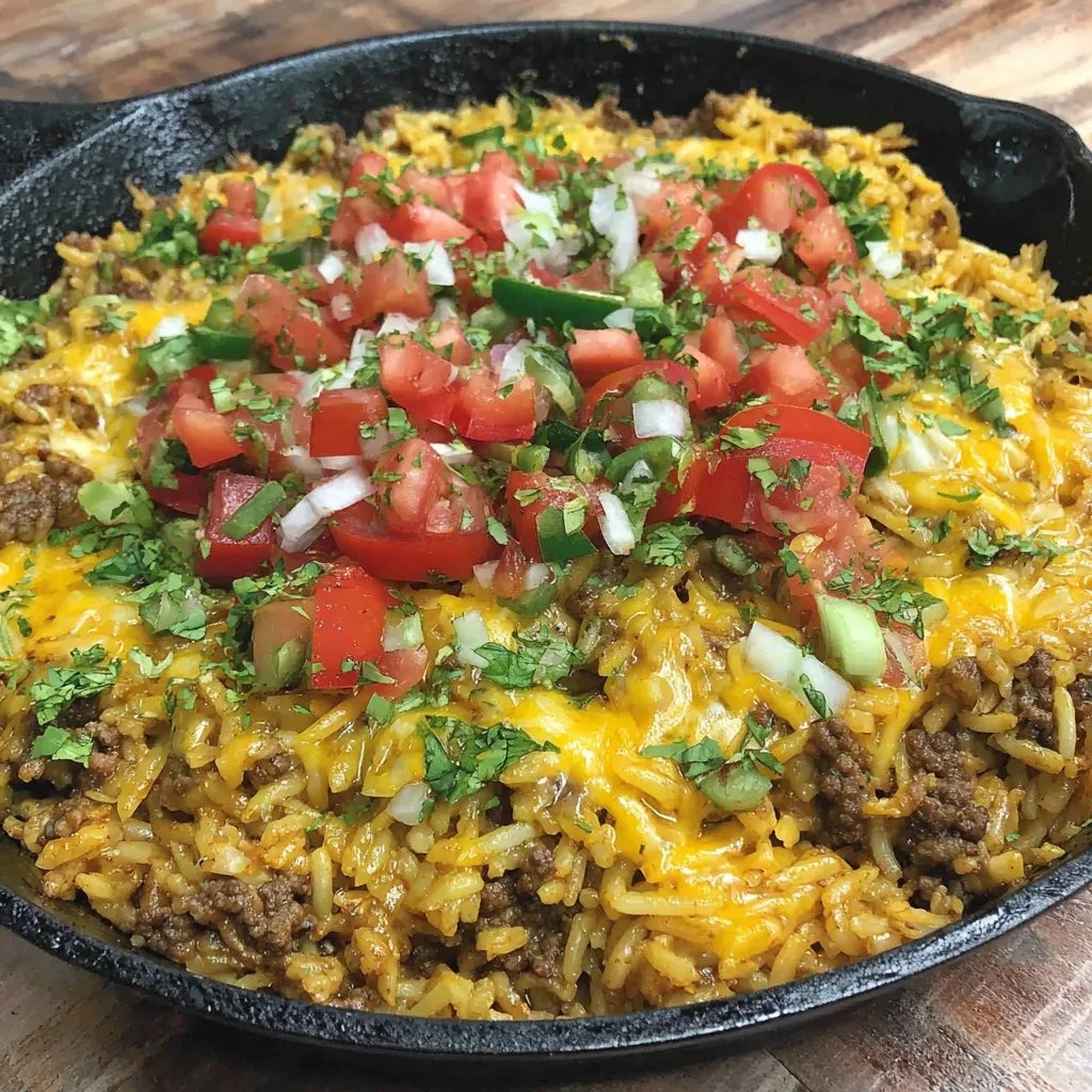 A bubbling skillet of rice, tomato, onion, ketchup, and chili.