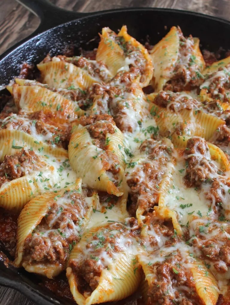 A bowl of baked penne with cheese, sauce, and beef on top.