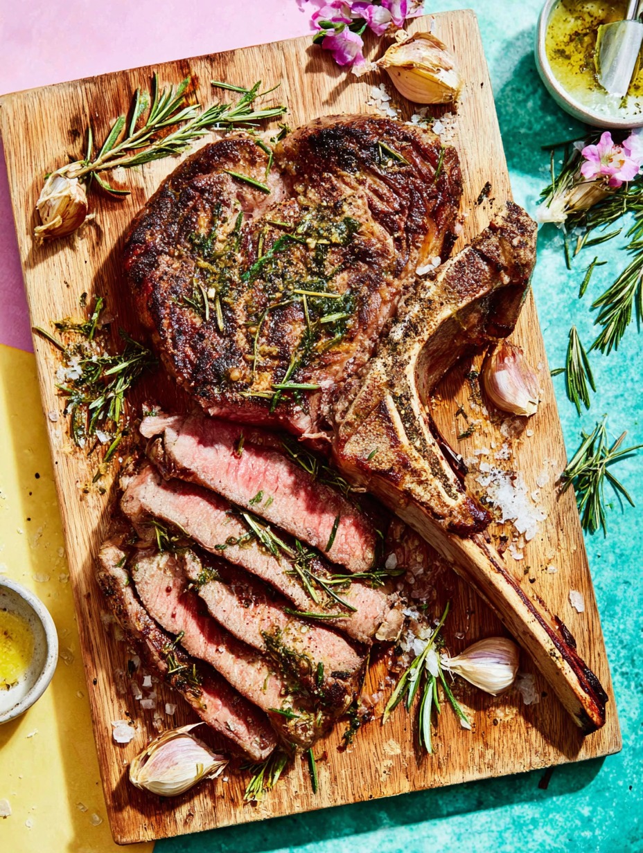 A large cut of beef on a wooden block, topped with plenty of herbs.