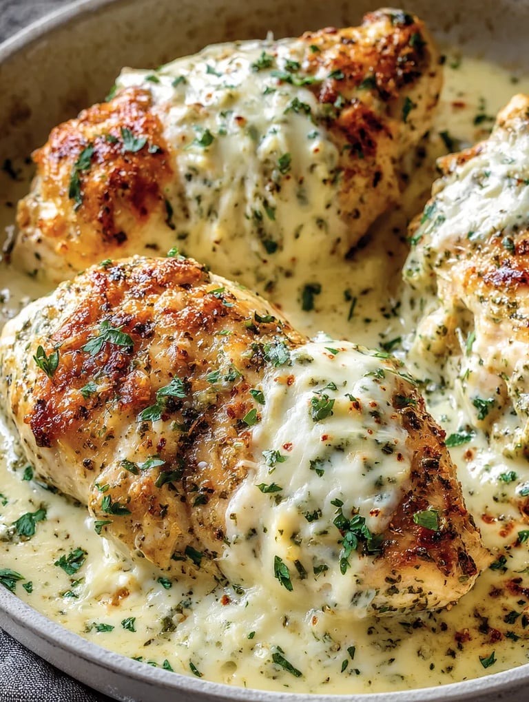 Chicken with sauce and onions.