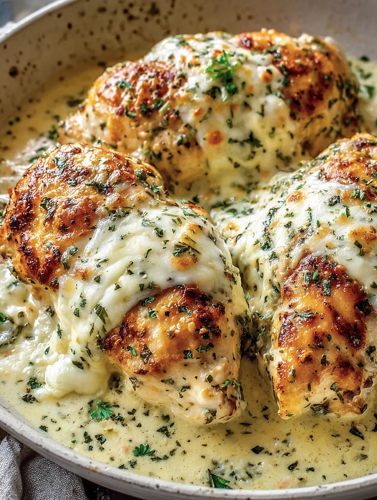 A photo of chicken topped with sauce and herbs.