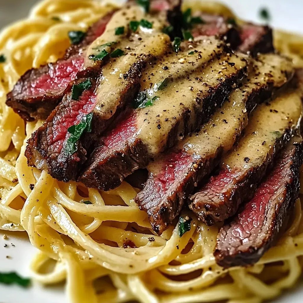 A plate with spaghetti and steak, topped with parsley.