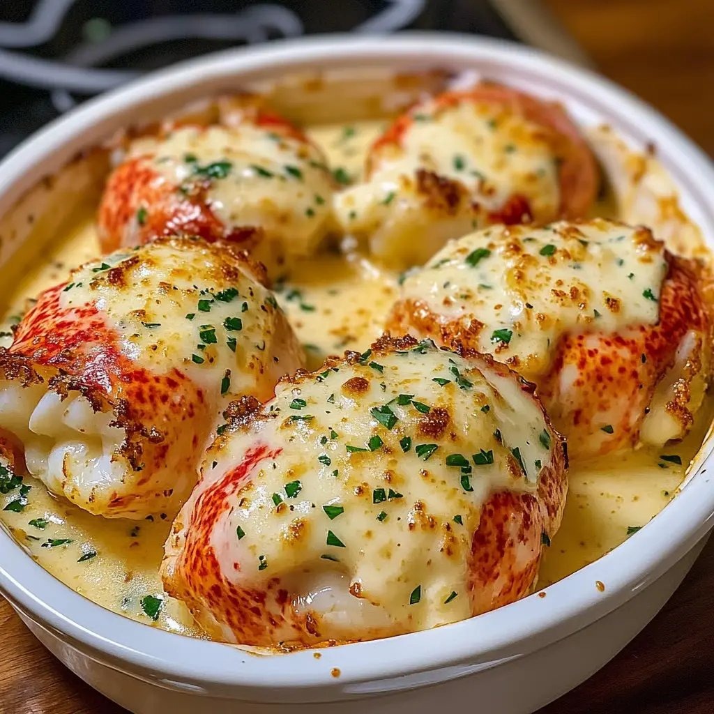 A white plate with a cheesy, saucy garnish, shrimp, shallots, and cheese mingled together.