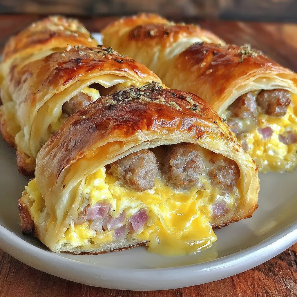 A white plate with a sausage roll wrapped in cheese.