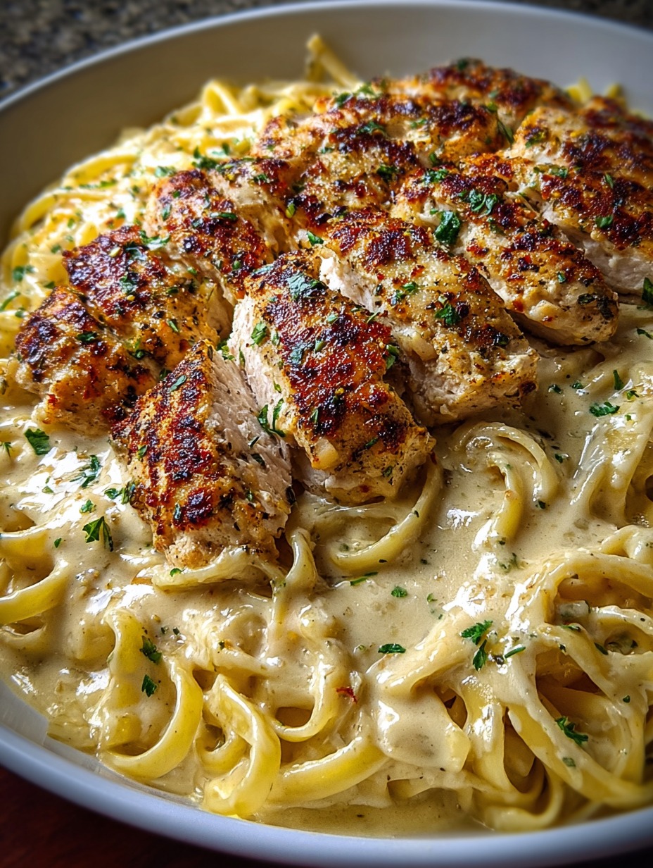A bowl of pasta tossed with onions and chicken strips.