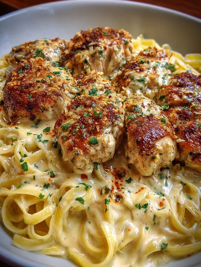 A platter of pasta and chicken topped with parmesan and onions.