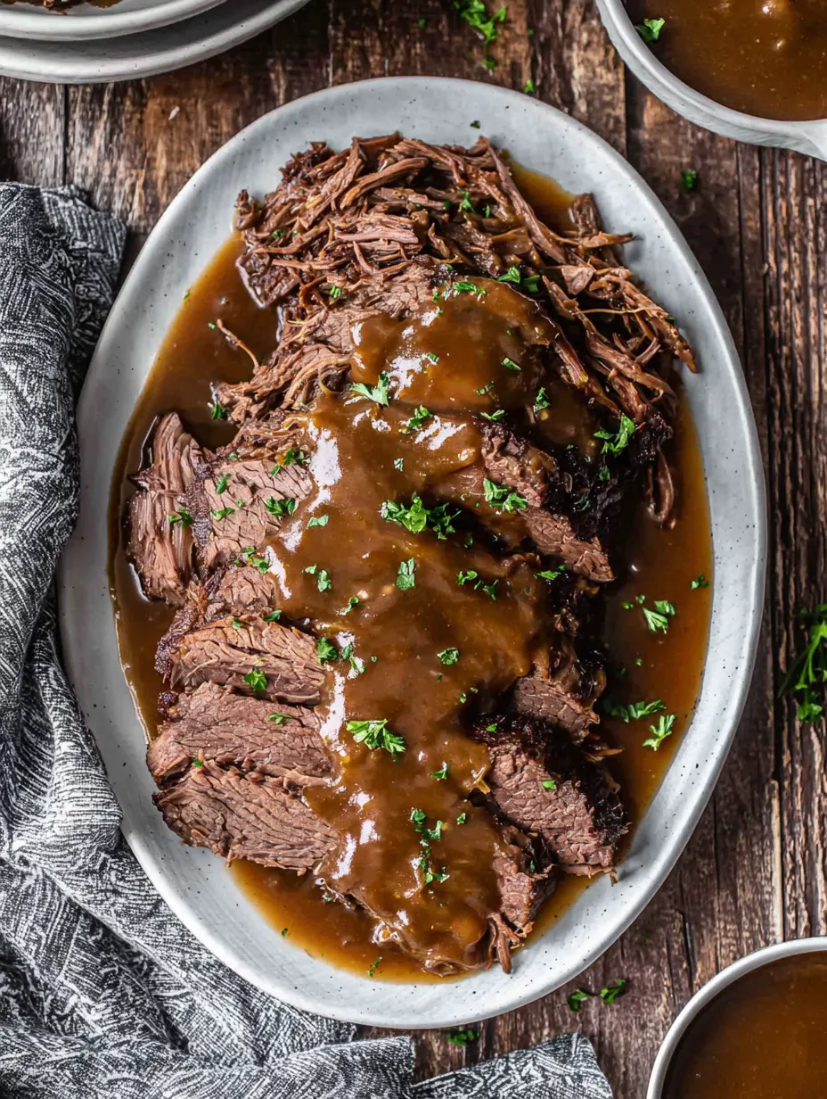 A pot roast with gravy on a plate.