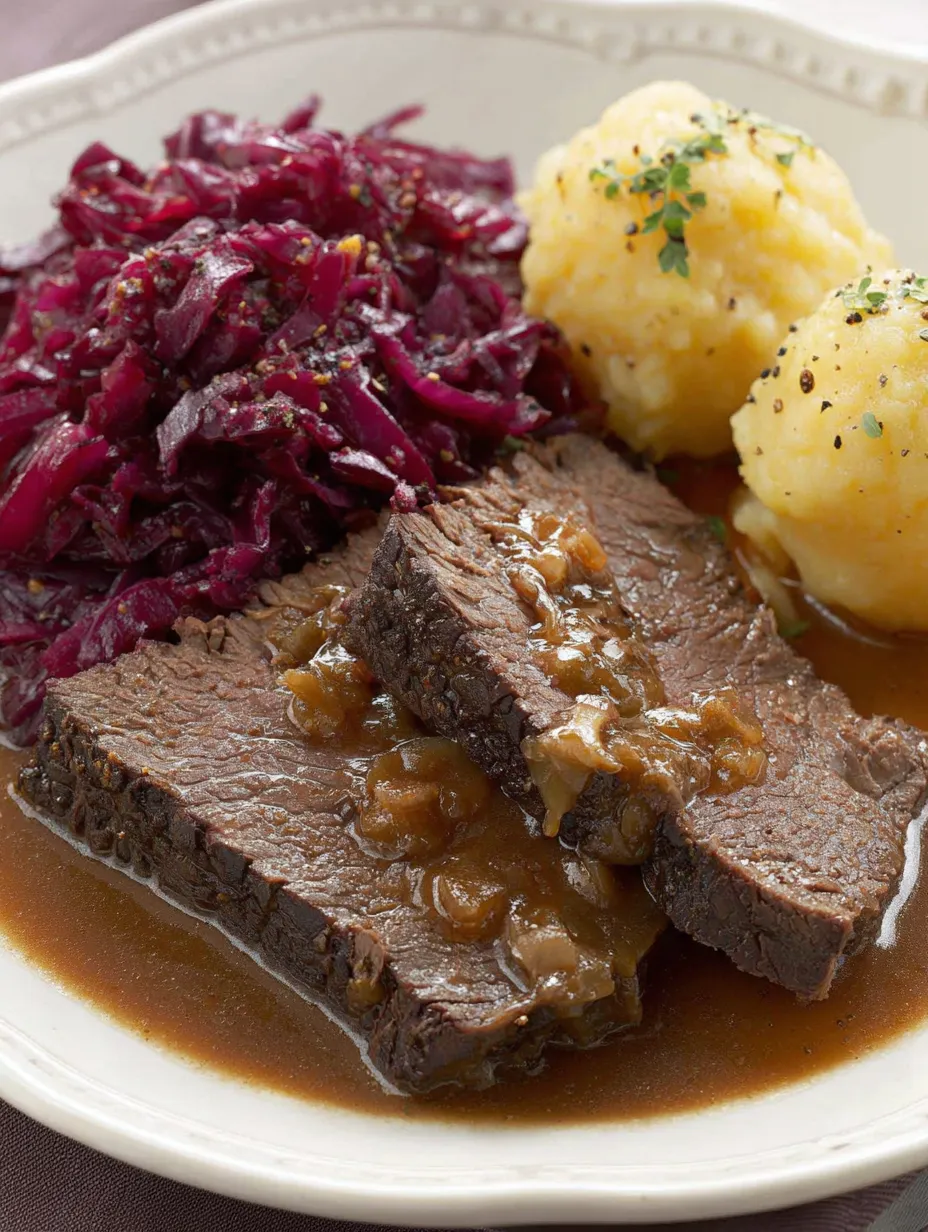 A wooden board topped with beef slices, sauerkraut, and potatoes.