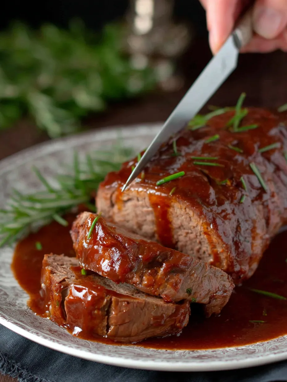 A hand slices a beef roll on a plate next to a fork—juicy filling and rich sauce visible.