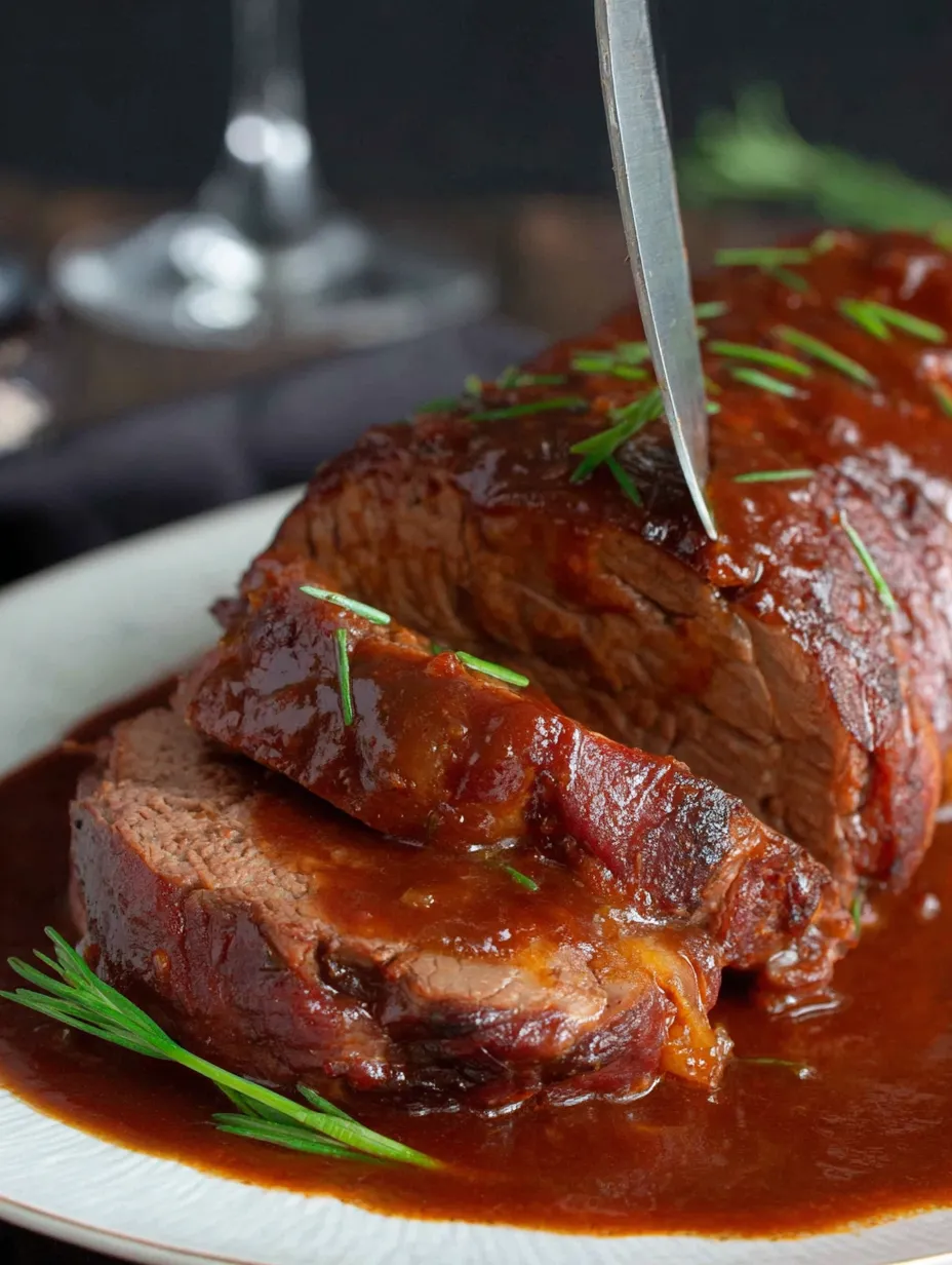 A hearty serving of beef with gravy and fresh herbs sits on a plate, surrounded by a rustic setting.