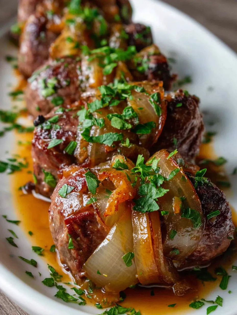 A platter of grilled steaks, topped with parsley and onions.