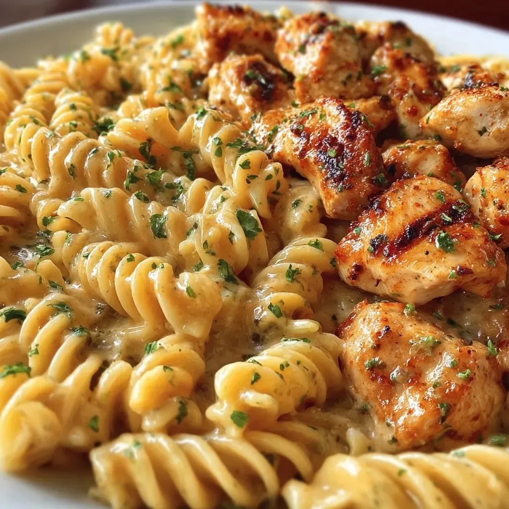 A plate of pasta with chicken and herbs.