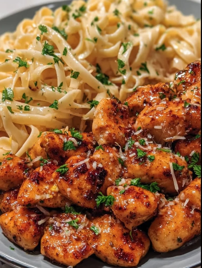 Chicken and pasta on a plate.