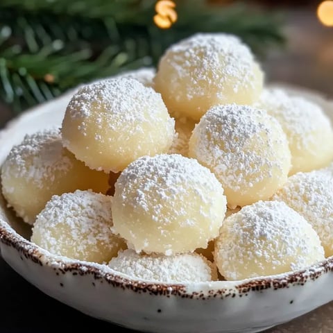 A shallow bowl holding snowball-shaped treats coated in powdered sugar, with a festive touch around the scene.