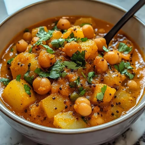 A bowl of creamy chickpea and potato curry topped with cilantro.