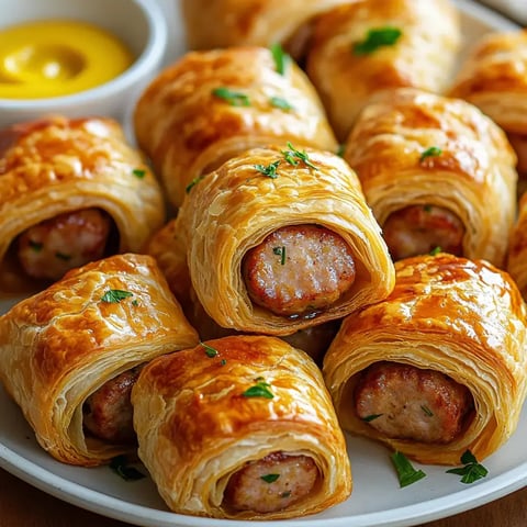 A plate of sausage rolls with crispy dough and parsley, next to a bowl of mustard.