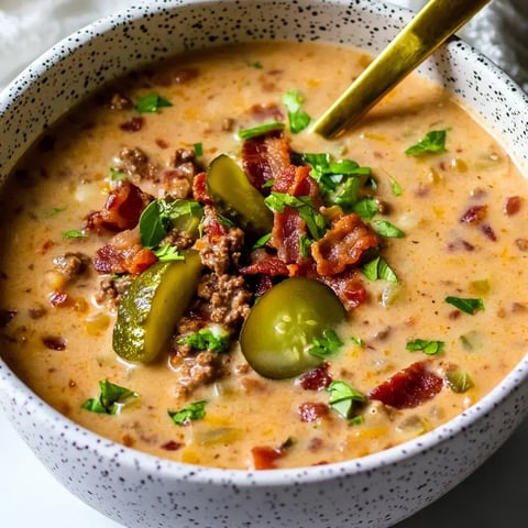 A rich bowl of soup with crispy bacon, ground beef, pickles, and fresh herbs on top.
