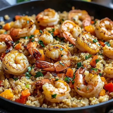 Shrimp cooked to perfection on top of a flavorful mix of cauliflower rice with vibrant veggies.