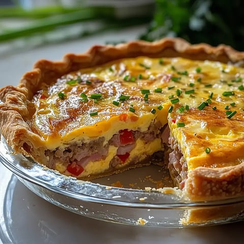 A golden quiche slice filled with eggs, ham, red peppers, and topped with freshly chopped chives.